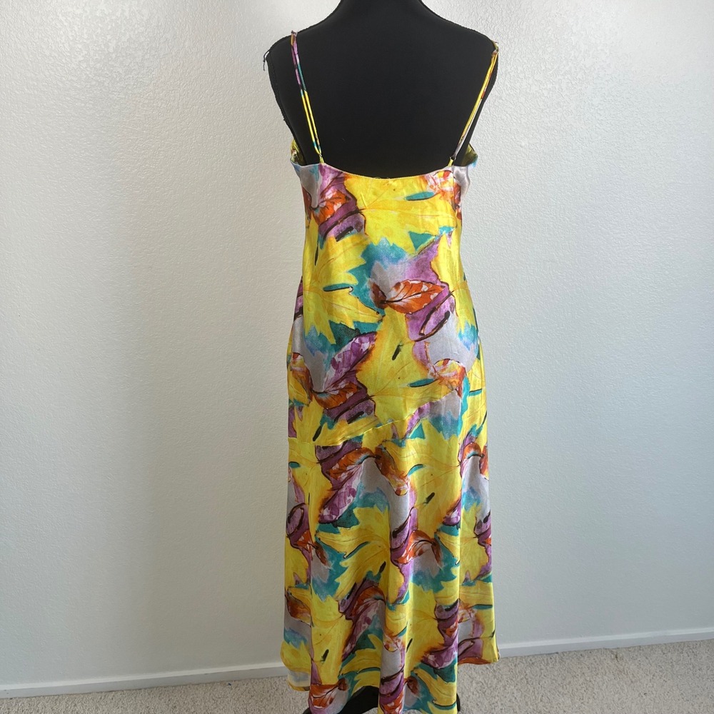 One and Only Collective Y2K Yellow Floral/Leaf‎ Print Cowl Neck Satin Midi Sz L - Picture 5 of 12